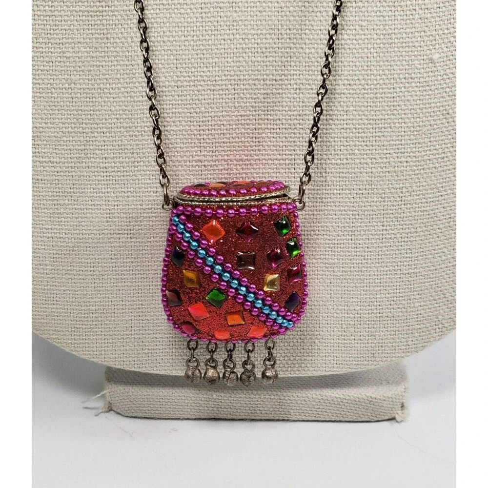 Vintage Tibetan Metal Cash Pill Stash Pouch Red Amulet Tincture Dangler 32" RARE - Picture 3 of 15